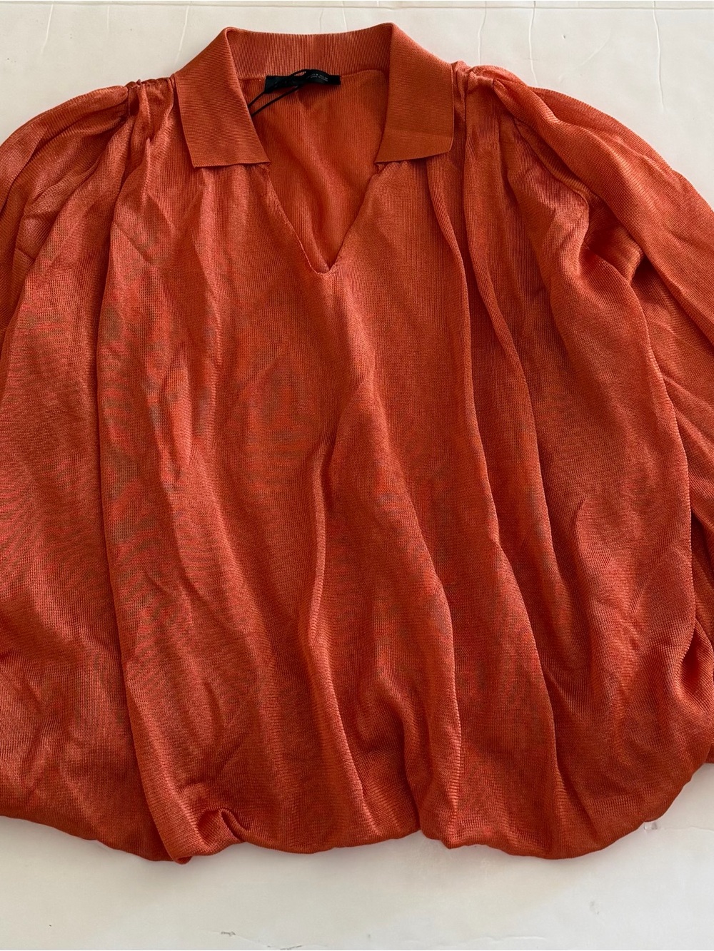 Zara Burnt Orange Collared V-Neck Balloon Puff Sleeve Voluminous Blouse